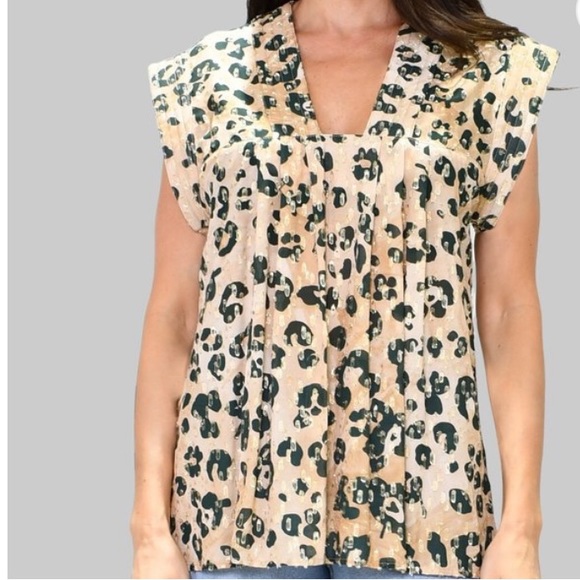 Smythe Animal Print Smock Top Gold Metallic Blouse V- Neck - Picture 2 of 7
